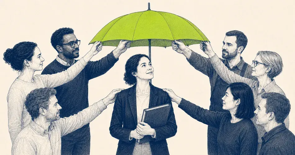 Mehrere Menschen schützen eine Person gemeinsam mit einem großen grünen Regenschirm