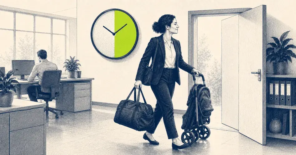 Frau verlässt mit Kinderwagen das Büro, eine zweigeteilte Uhr steht für Arbeit und Leben